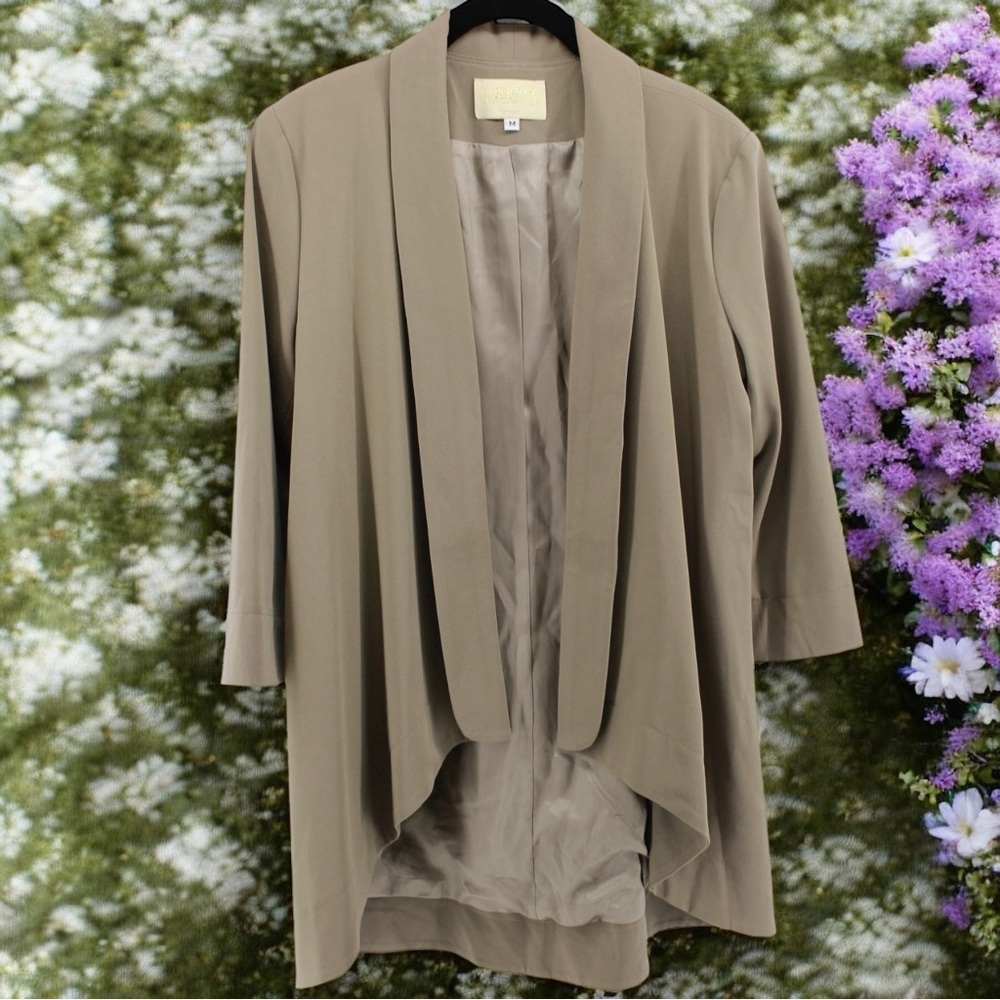 Alberto Makali Elegant Tan Open Front Drape Blazer Office Siren Careerwear M